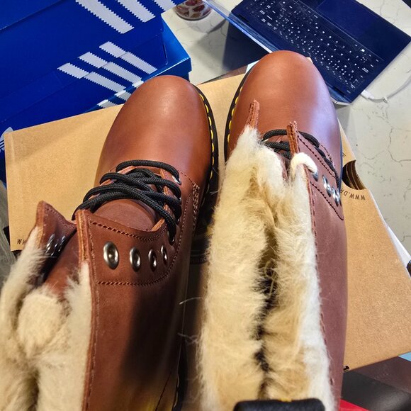 Dr Martens 1460 Serena Fur Lined DMS Saddle Tan Leather Combat Boots Mens SZ 10 - Picture 7 of 9